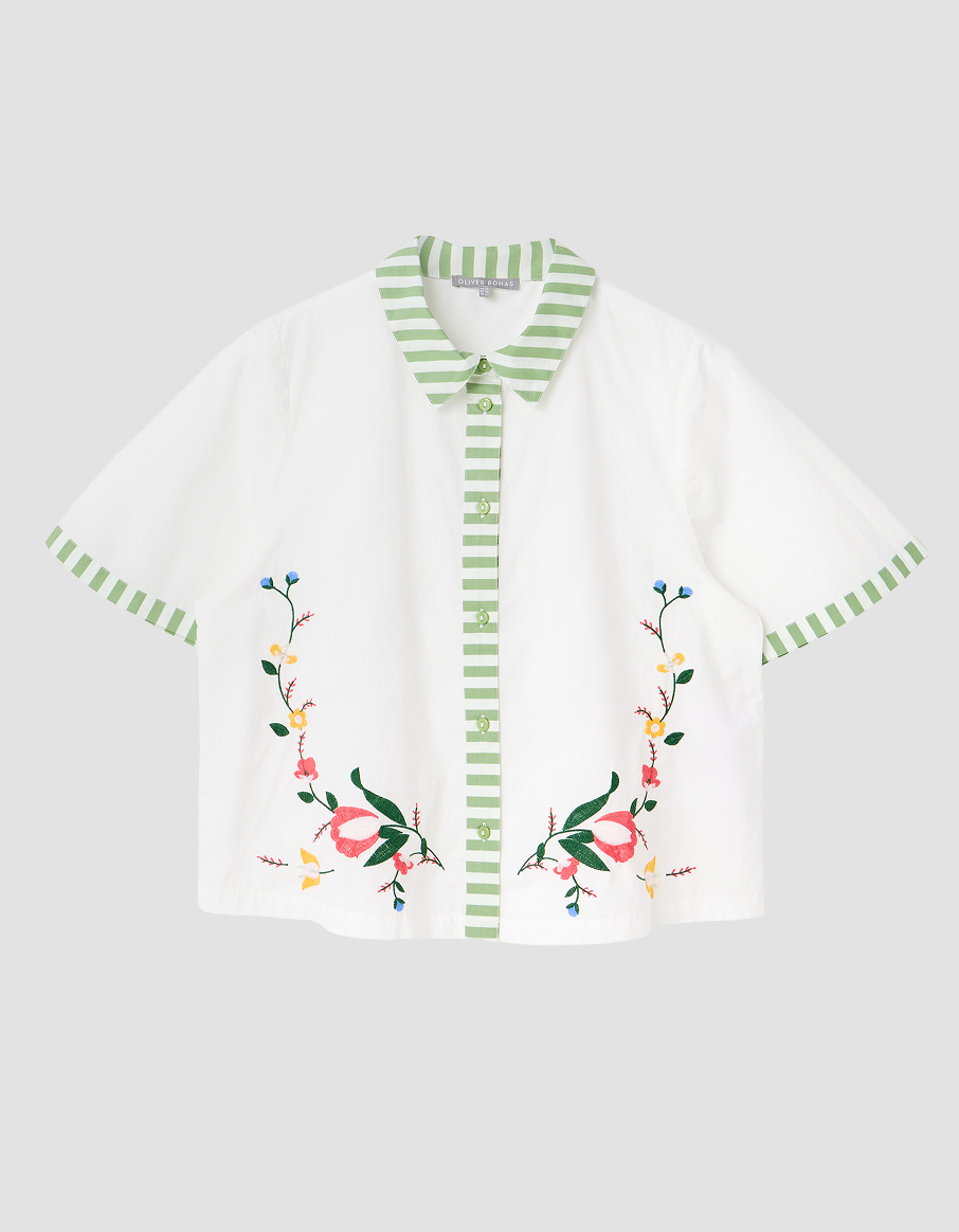 White Floral Embroidered Short Sleeve Shirt